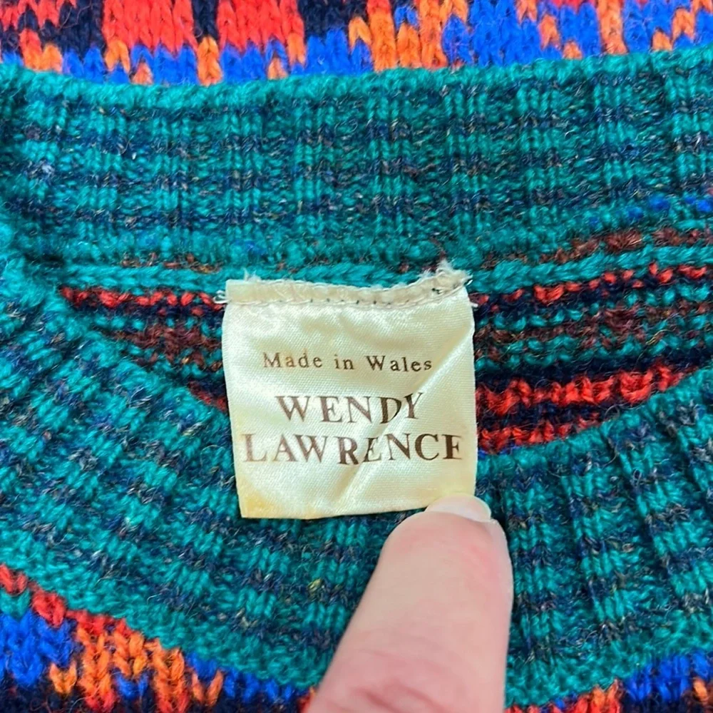 Vintage‎ Wendy Lawrence Welsh Wool Sweater Hand Knit Bright Colors Fair Isle S-L